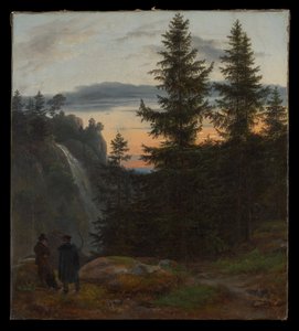 To mænd foran et vandfald ved solnedgang af Johan Christian Dahl