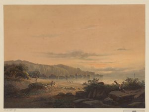 Udsigt over en bugt i Java Den lille bugt Srigonjo, South K. v. Java (Malang regency, resid. Passarouang.) (titel på objekt) af Johan Conrad Greive