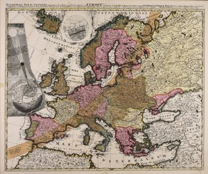 Total solformørkelse med forsinkelse d. 12. maj 1706 Et kort over Europa, hvor det centrale skyggerum og de resterende størrelser var egnet til deres respektive placeringer, blev lanceret fra observationer af berømte mænd ved hjælp af en parallel bue. af Johan Gabriel Doppelmayr