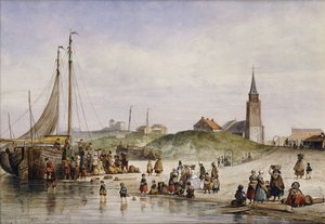 Fiskere på en strand med en by hinsides, 1857 af Johan Gerard Smits