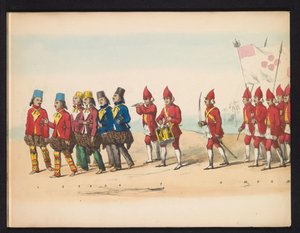 Masquerade of the Delft Students, 1857 (plade 1) Udklædt procession afholdt af medlemmerne af Delfts studenterkorps den 5. maj 1857, forestillende Garebeg procession af sultanen af ​​Djokjokarta og de mest karakteristiske typer fra Holland.