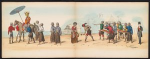 Masquerade of the Delft Students, 1857 (plade 6) Udklædt procession afholdt af medlemmerne af Delfts studenterkorps den 5. maj 1857, forestillende Garebeg procession af sultanen af ​​Djokjokarta og de mest karakteristiske typer fra Holland.