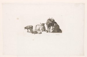 Kvinde malker en ko med kvæg og får. af Johan Jakob Biedermann