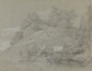 En flod ved en stenet bred med figurer, muligvis i Indien af Johan Joseph Zoffany
