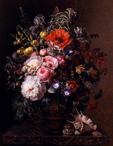 Valmue, pæoner, roser og nasturtium i en græsk vase. Maleri af Johan Laurentz Jensen (1800-1856) Privat samling.