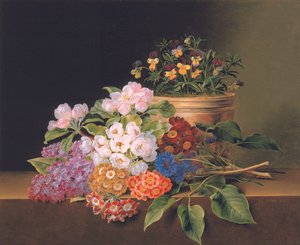 Syren, æbleblomst, kornblomster og søde Williams med en gryde med bratscher på en afsats, 1827