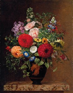 Syren, æbleblomst, kornblomster og søde Williams med en gryde med bratscher på en afsats, 1827