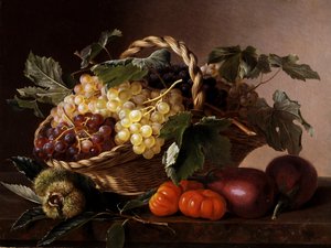 Stilleben med auberginer, tomater, kastanjer og vindruer. Maleri af Johan Laurentz Jensen (1800-1856) Privat samling.