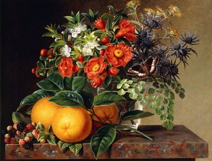 Appelsiner, brombær og en vase med blomster på en afsats, 1834