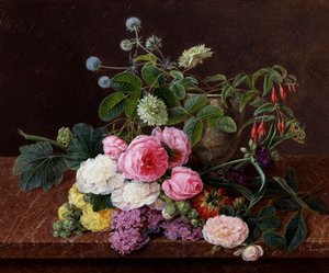 Mosroser, pæoner og dobbelte tremieroser med lilla kommeliner. Maleri af Johan Laurentz Jensen (1800-1856) Privat samling.