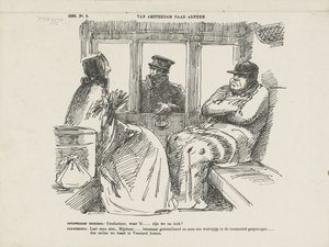 Tegneserie af de mange ulykker på Rhijnspoorweg, 1866 Fra Amsterdam til Arnhem (titel på objekt)