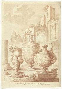 Lysekrone og tør vase Laomedonteae fuerant haec pocula mensea (titel på objektet) Vase og lysestage (serietitel) af Johan Teyler (attributed to)