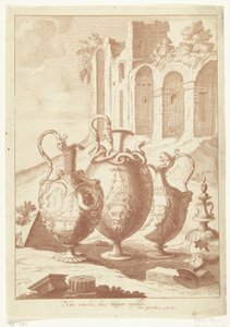 Fire vaser, den fjerde knækket Huc oculis, huc mente trahor (titel på objekt) Vaser og lysestager (serietitel) af Johan Teyler (attributed to)
