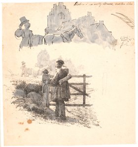 Aftenstunden. F.o. studie af bonde-manden ved kirken. Illustration til Kaalunds "Fabler for Børn". Se kommentar fra arkkatalog. af Johan Thomas Lundbye