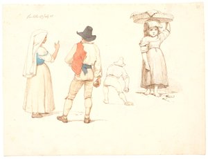 Fire figurstudier. Stående kvinde og stående bocciaspiller, en bocciaspiller i færd med at kaste og lille pige med en kurv på hovedet af Johan Thomas Lundbye