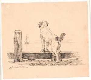 Hunden ved stranden. Illustration til Kaalunds "Fabler for Børn". Se kommentar fra arkkatalog. af Johan Thomas Lundbye