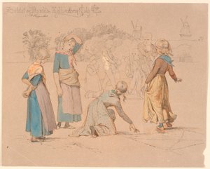 I forgrunden nogle piger, der hopper paradis. I baggrunden nogle drenge, der leger soldat samt en invalid, der ser til af Johan Thomas Lundbye