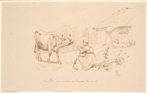 Kom Bos!. Udenfor et boelsted sidder en kone med et barn, der rækker hen imod en ko af Johan Thomas Lundbye