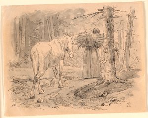Konen og hesten. Illustration til Kaalunds "Fabler for Børn". Se kommentar fra arkkatalog. af Johan Thomas Lundbye