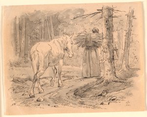 Konen og hesten. Illustration til Kaalunds "Fabler for Børn". Se kommentar fra arkkatalog. af Johan Thomas Lundbye