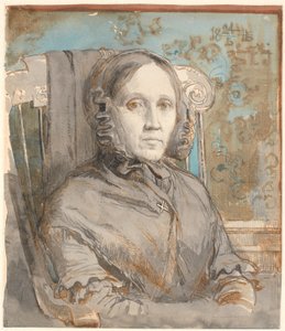 Portræt af kunstnerens moder, oberstinde Cathrine Lundbye (f. Bonnevie); halvfigur siddende i stol mod højre.