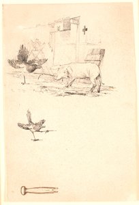 Storken og grisen. Nedenunder studie af skaden og et stykke værktøj. Illustration til Kaalunds "Fabler for Børn". Se kommentar fra arkkatalog. af Johan Thomas Lundbye