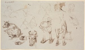 Studieblad fra Vognserup. Foroven studier af køer, i midten 4 studier af malkepiger set fra ryggen af Johan Thomas Lundbye