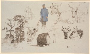 Studieblad fra malkepladsen ved Vognserup. Studier af køer. T.v. bondegård bag tre høje træer, i midten f.o. siddende malkepige med ryggen til samt en stående røgter. F.n. en røgtervogn af Johan Thomas Lundbye