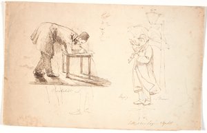 Studieblad, t.v. ses kunstneren selv, foroverbøjet, tegnende på en taburet eller et lille bord. Tegnet herover to studier af en officer og en kjoleklædt herre. I midten studiehoved, selv-portræt. T.h. står kunstneren med paraply på gaden ved en lygte og t af Johan Thomas Lundbye
