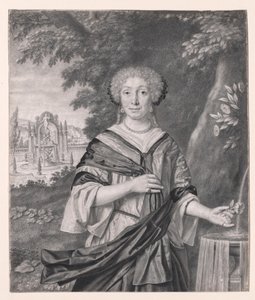 Portræt af en kvinde nær et springvand, en rose i hendes hånd af Johan Thopas