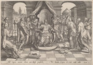 Moses og Aron foran Farao af Johan Wierix, after Maarten van Cleef