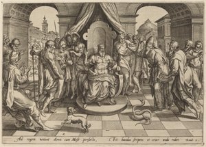 Moses og Aron foran faraaen af Johan Wierix, after Maarten van Cleef