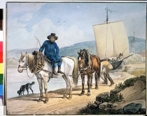 ""En hest og vogn ved floden"". Heste langs en flod, der trækker en båd eller bruges til at losse varer på en slæbesti". Maleri af Johann Adam Klein (1792-1875)