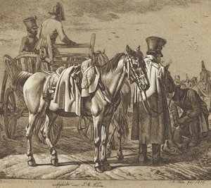 Hest med soldater, der ryger pibe/militærscene