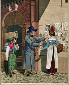 En sælger af populære ballader og tryk, en skomagerlærling, fra en serie wienertyper omkring 1810 ...