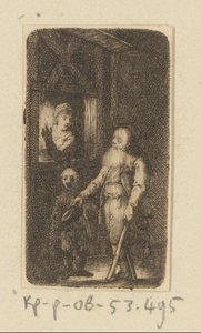 Forkrøblet gammel tigger med dreng og kvinde foran vinduet af Johann Andreas Benjamin Nothnagel