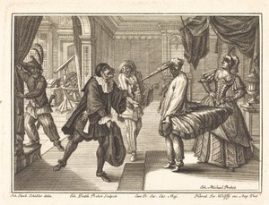 Harlekin hos Dr. Polovards hus af Johann Balthasar Probst after Johann Jacob Schübler