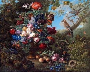 Stort blomsterstilleben med fugle
