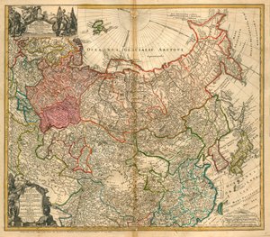 Kort over Rusland (Fra: Imperii Russici et Tartariae universae so majoris et Asiaticae qua miniris et Europaeae tabula) - Homann, Johann Baptist (1663-1724) - 1738 - Kobberstik, akvarel - Privat samling