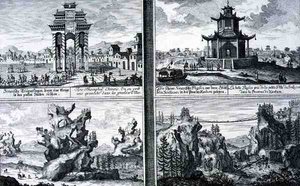 Fire visninger, der viser en kinesisk triumfbue, en pagode ved Sinkicien i Xantum-provinsen, kunstige bjerge og huler og en kædebro nær byen Kingtung, Kina, fra 