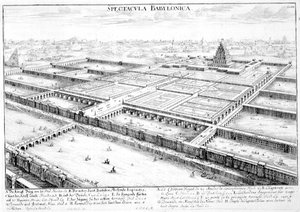Udsigt over det antikke Babylon, der viser de hængende haver og Jupiter Belus-templet, plade 3 fra 