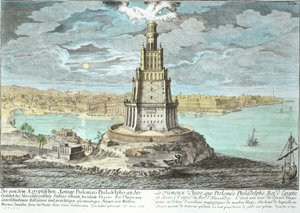 Fyrtårn i Alexandria, bygget af Ptolemæus den Store (36-efter 30 f.Kr.), Egypten, fra Entwurf einer historischen Architektur, indgraveret af Johann Adam Delsenbach (1687-1765) 1721 (senere farve