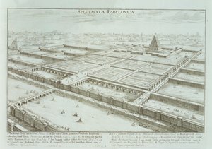Panoramaudsigt over det kongelige palads og de hængende haver i Babylon, fra "Entwurf einer historischen Architektur", 1721 af Johann Bernhard Fischer von Erlach