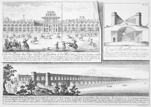 Det kongelige palads i Isfahan, et tværsnit af Alyverdy-Chan Isfahan-broen og en udsigt over Alyverdy-Chan Isfahan-broen, fra Entwurf einer historischen Architektur, indgraveret af Johann Adam De af Johann Bernhard Fischer von Erlach