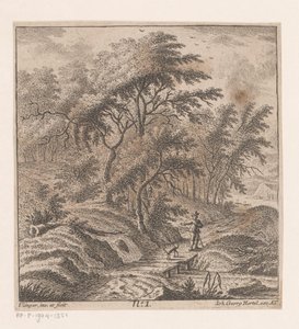 Mand med en hund, der går langs en skovkant af Johann Caspar Ulinger