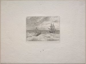 Barsk sø med en to-master og sejlbåd af Johan Christian Dahl