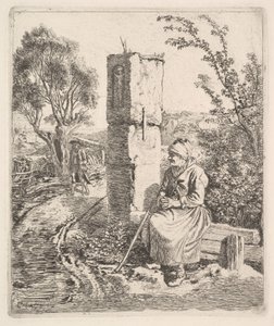 En gammel dame, der sidder nær en søjle ved siden af vejen, 1819. af Johann Christian Erhard