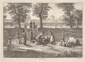 Udendørs scene for kvinder i huslige aktiviteter i Nürnberg, 1800-tallet. af Johann Christian Erhard