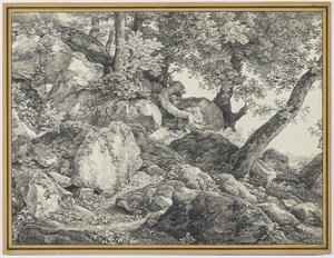 I parken ved Palazzo Chigi, Ariccia, 1818 (grafit & sort kridt på lagt papir) af Johann Christian Reinhardt
