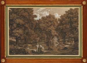 Arkadisk landskab med tre figurer ved en sø af Johann Christian Reinhart